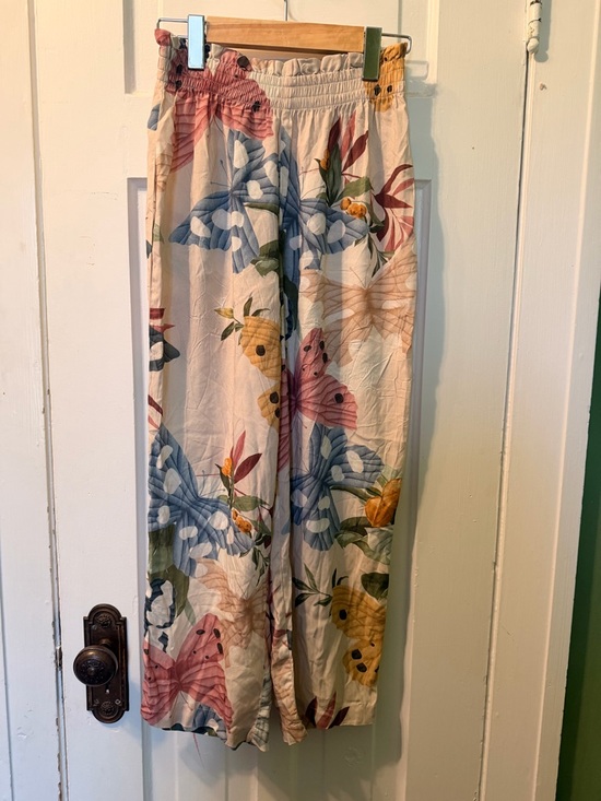 Oysho Pants - Floral Butterfly Wide-Leg Trousers in Cream